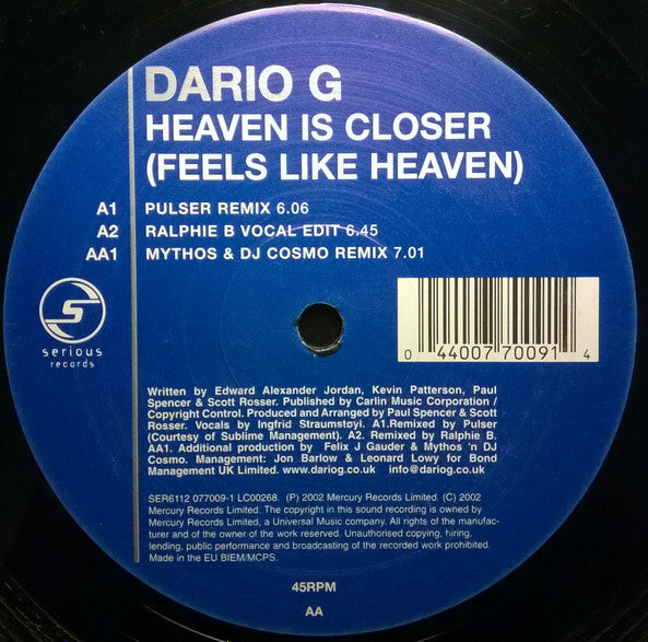 Dario G : Heaven Is Closer (Feels Like Heaven) (12")