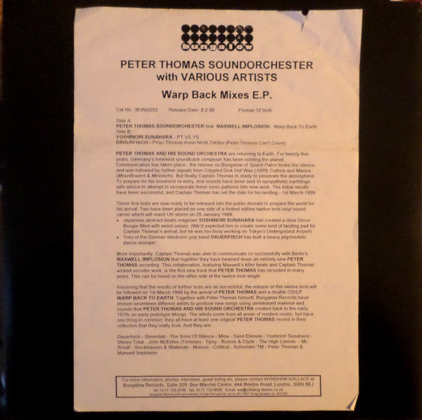 Peter Thomas Sound Orchestra : Warp Back To Earth (The Mixes E.P.) (12", EP, Promo, W/Lbl)
