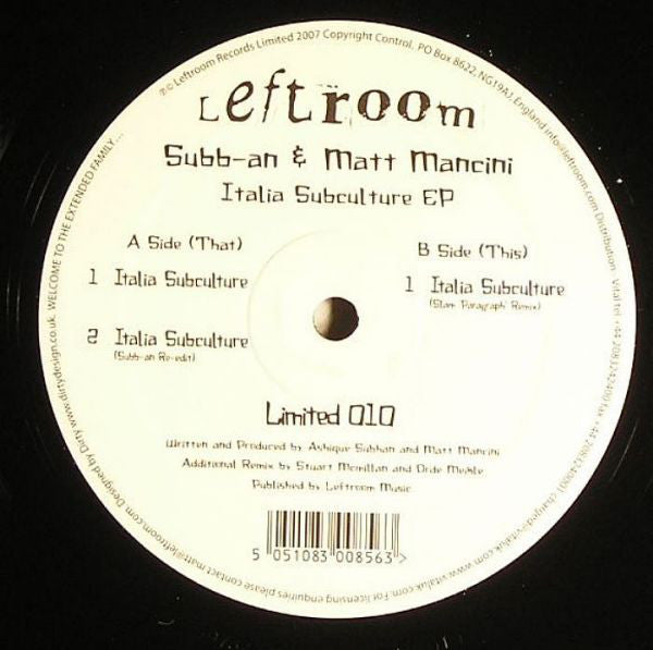 Subb-an & Matt Mancini : Italia Subculture EP (12", EP, Dua)