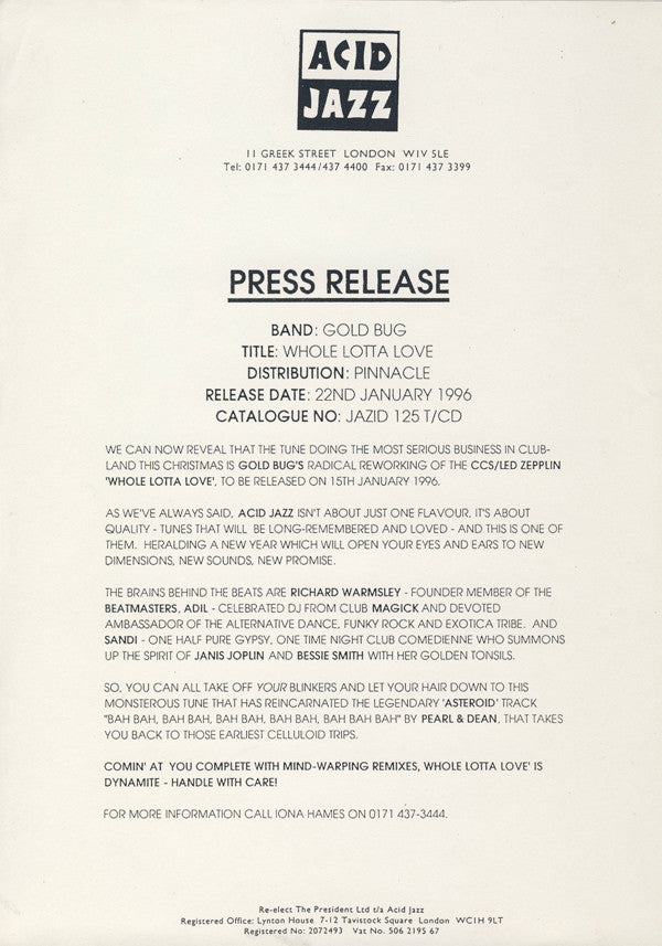 Goldbug : Whole Lotta Love (12", Single)