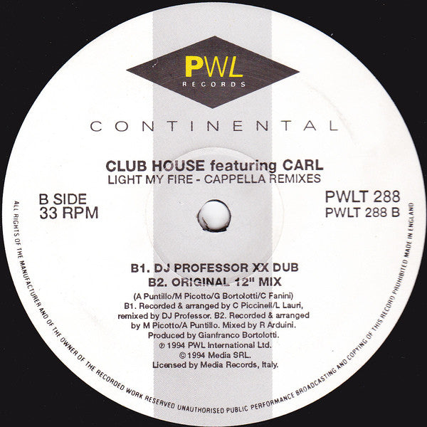 Club House Featuring Carl* : Light My Fire (The Cappella Remixes) (12", Single)