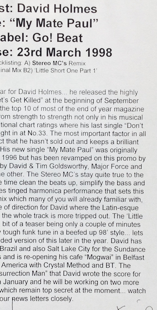 David Holmes : My Mate Paul (12", Promo)