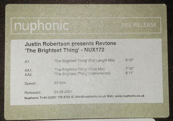 Justin Robertson Presents Revtone : The Brightest Thing (12", Promo, W/Lbl)