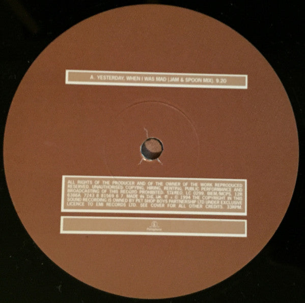 Pet Shop Boys : Yesterday, When I Was Mad (12", Single)
