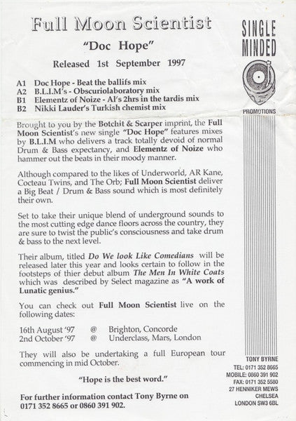 Full Moon Scientist : Doc Hope (12", Promo, W/Lbl)