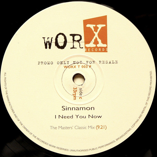 Sinnamon : I Need You Now (2x12", Promo)