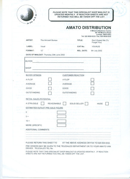 The Aircrash Bureau : Don't Expect Me (To Forget You) (12", Promo, W/Lbl)