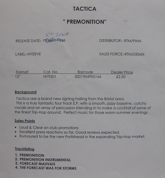 Tactica : Premonition (12", Promo, W/Lbl)