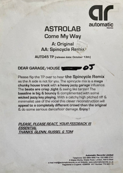 Astrolab : Come My Way (12", TP, W/Lbl)