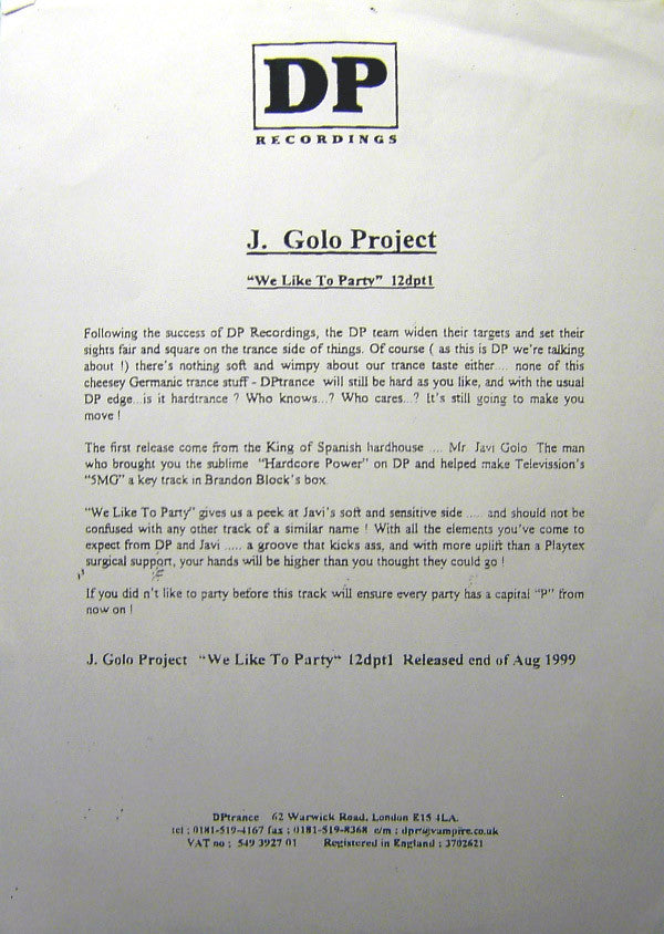 J. Golo Project : We Like To Party (12")
