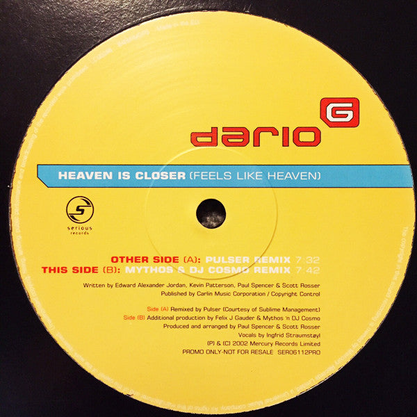 Dario G : Heaven Is Closer (Feels Like Heaven) (12", Single, Promo)
