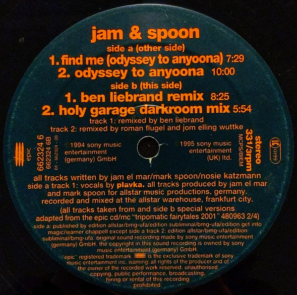 Jam & Spoon Featuring Plavka : Find Me (Odyssey To Anyoona) (12")