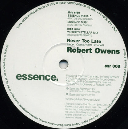 Robert Owens : Never Too Late (12")