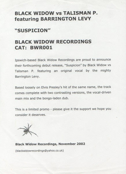 Black Widow (4) Vs. Talisman P. Featuring Barrington Levy : Suspicion (12", Ltd, Promo)