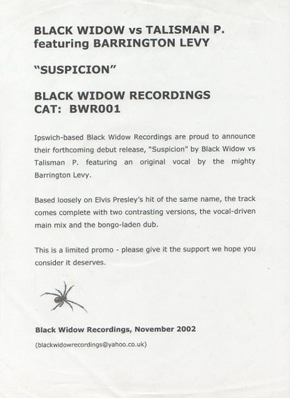 Black Widow (4) Vs. Talisman P. Featuring Barrington Levy : Suspicion (12", Ltd, Promo)