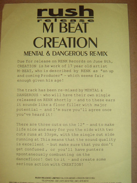 M-Beat : Creation (Remixes) (12", Promo, W/Lbl)