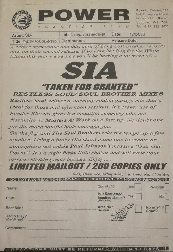 Sia : Taken For Granted (12", Ltd, Promo)