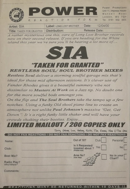 Sia : Taken For Granted (12", Ltd, Promo)