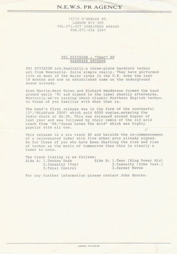 The PSI Division* : T.W.O.C. EP (12", EP, Promo, W/Lbl, Sta)