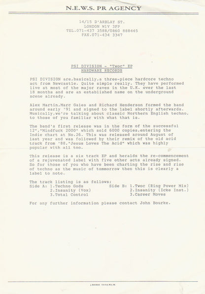 The PSI Division* : T.W.O.C. EP (12", EP, Promo, W/Lbl, Sta)