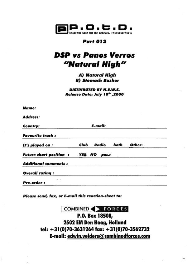 DSP (2) vs. Panos Verros : Natural High (12", W/Lbl)