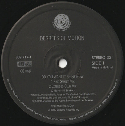 Degrees Of Motion Featuring Biti Strauchn : Do You Want It Right Now (12")