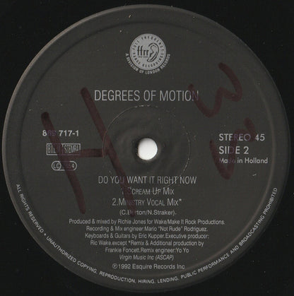Degrees Of Motion Featuring Biti Strauchn : Do You Want It Right Now (12")