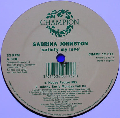Sabrina Johnston : Satisfy My Love (12", Single)