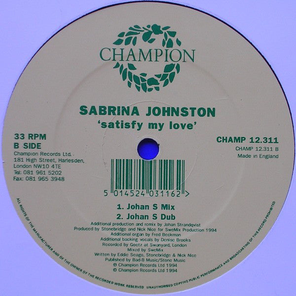 Sabrina Johnston : Satisfy My Love (12", Single)