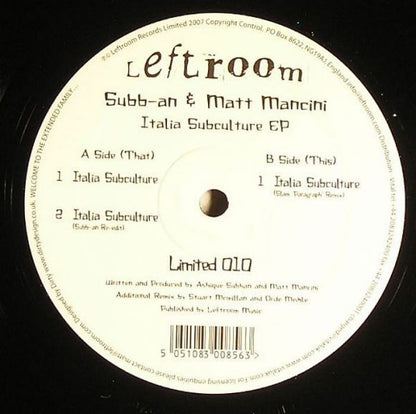 Subb-an & Matt Mancini : Italia Subculture EP (12", EP, Dua)
