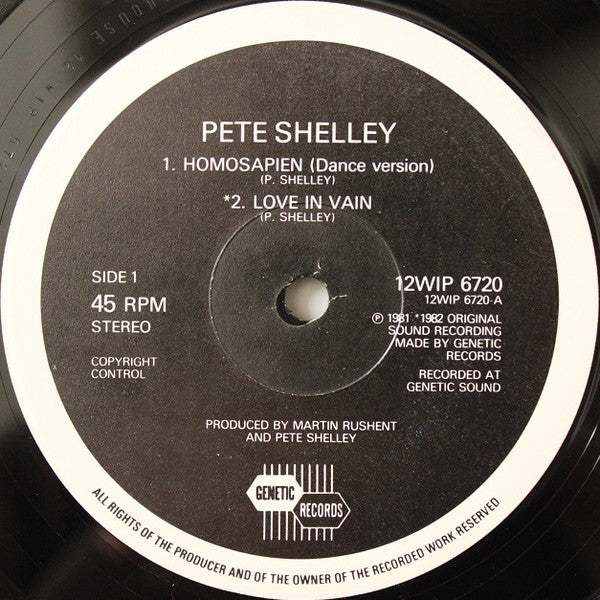 Pete Shelley : Homosapien / Love In Vain (12", Single, RE, Gen)