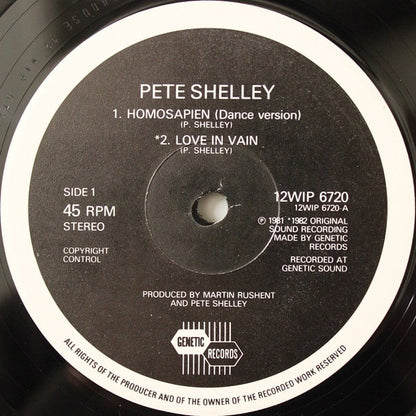 Pete Shelley : Homosapien / Love In Vain (12", Single, RE, Gen)