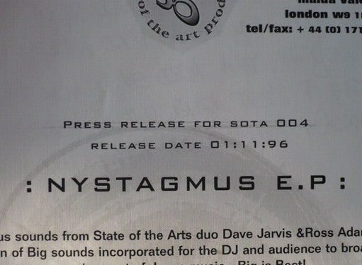 Dave Jarvis / T. Whitmarsh / R. Adams : Nystagmus EP (12", W/Lbl)
