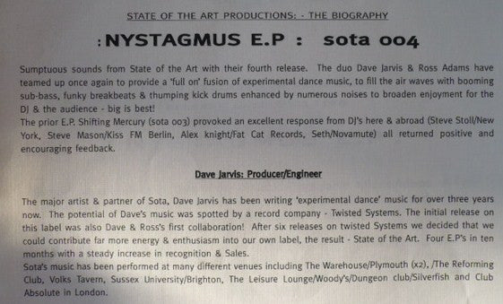 Dave Jarvis / T. Whitmarsh / R. Adams : Nystagmus EP (12", W/Lbl)