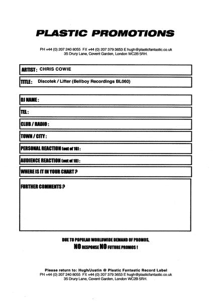 Chris Cowie : Discotek / Lifter (12")