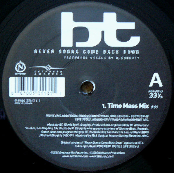BT Featuring M. Doughty* : Never Gonna Come Back Down (12")
