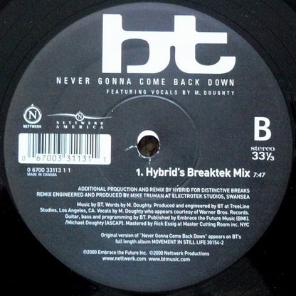 BT Featuring M. Doughty* : Never Gonna Come Back Down (12")