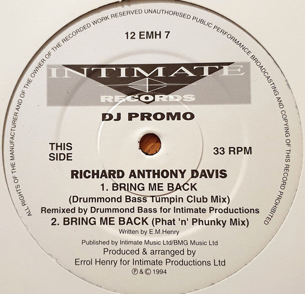 Richard Anthony Davis : Bring Me Back / Lovers For Life (12", Promo)