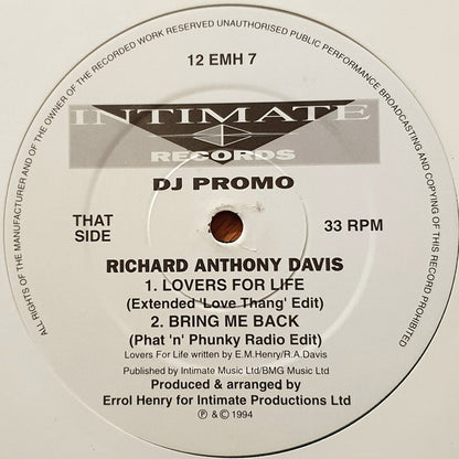 Richard Anthony Davis : Bring Me Back / Lovers For Life (12", Promo)