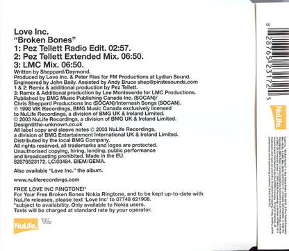 Love Inc : Broken Bones (CD, Single)