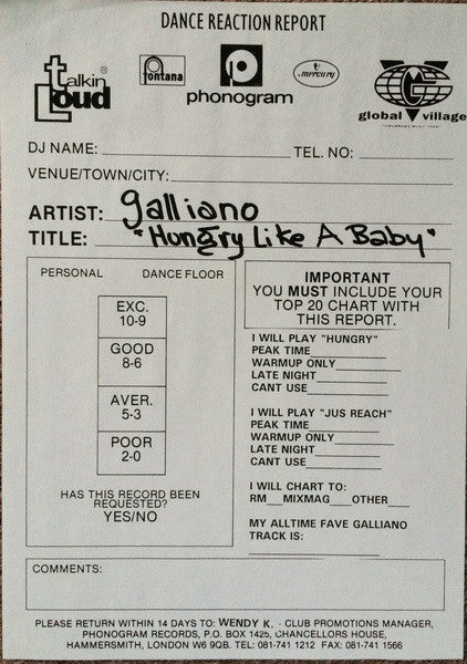 Galliano : Hungry Like A Baby / Jus' Reach (12", Promo)