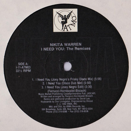 Nikita Warren : I Need You: The Remixes (12")