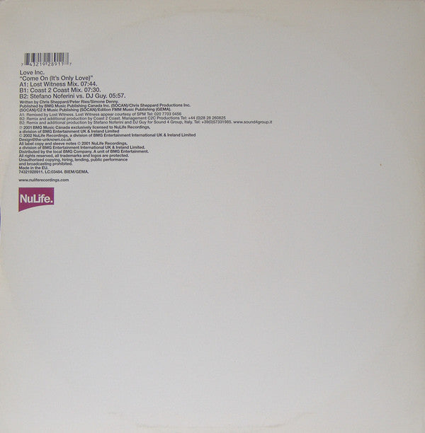 Love Inc.* : Come On (It's Only Love) (12")