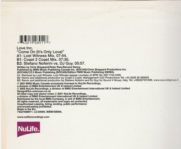 Love Inc.* : Come On (It's Only Love) (12")