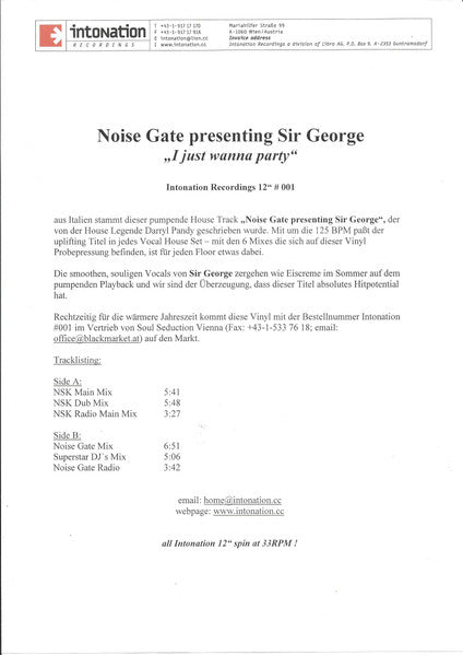 Noise Gate (2) featuring Sir George (4) : I Just Wanna Party (12", Promo, W/Lbl)