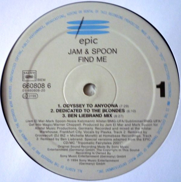 Jam & Spoon Featuring Plavka : Find Me (Odyssey To Anyoona) (12")