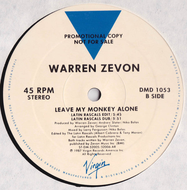 Warren Zevon : Leave My Monkey Alone (12", Promo)