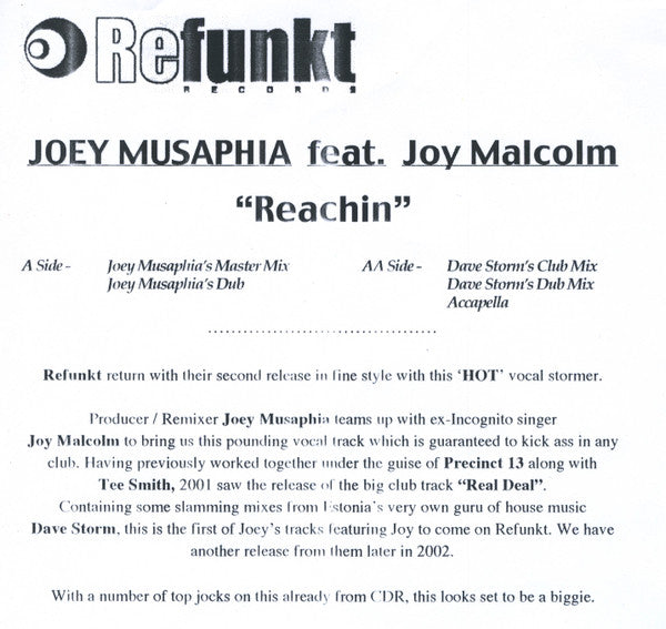 Joey Musaphia feat. Joy Malcolm : Reachin (12", Promo, Sti)