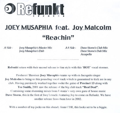 Joey Musaphia feat. Joy Malcolm : Reachin (12", Promo, Sti)