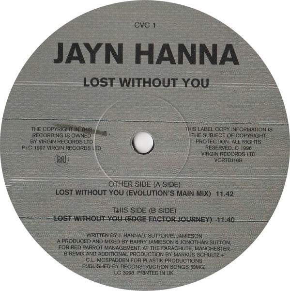 Jayn Hanna : Lost Without You (2x12", Promo)